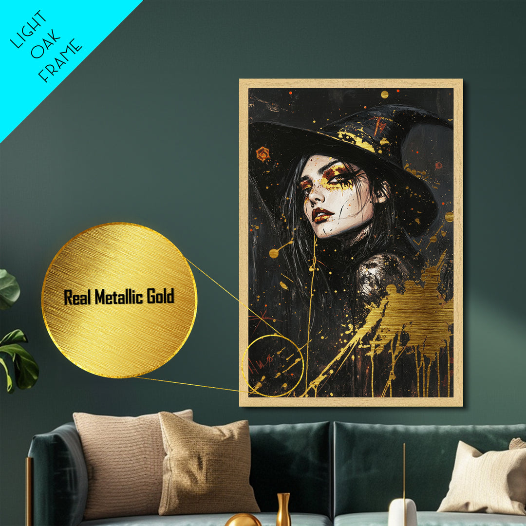 Witch Hat Glam Metallic Gold Art | Gothic Halloween Metal Art Witchy Portrait | Spooky Season Wall Decor With Real Wood Frame