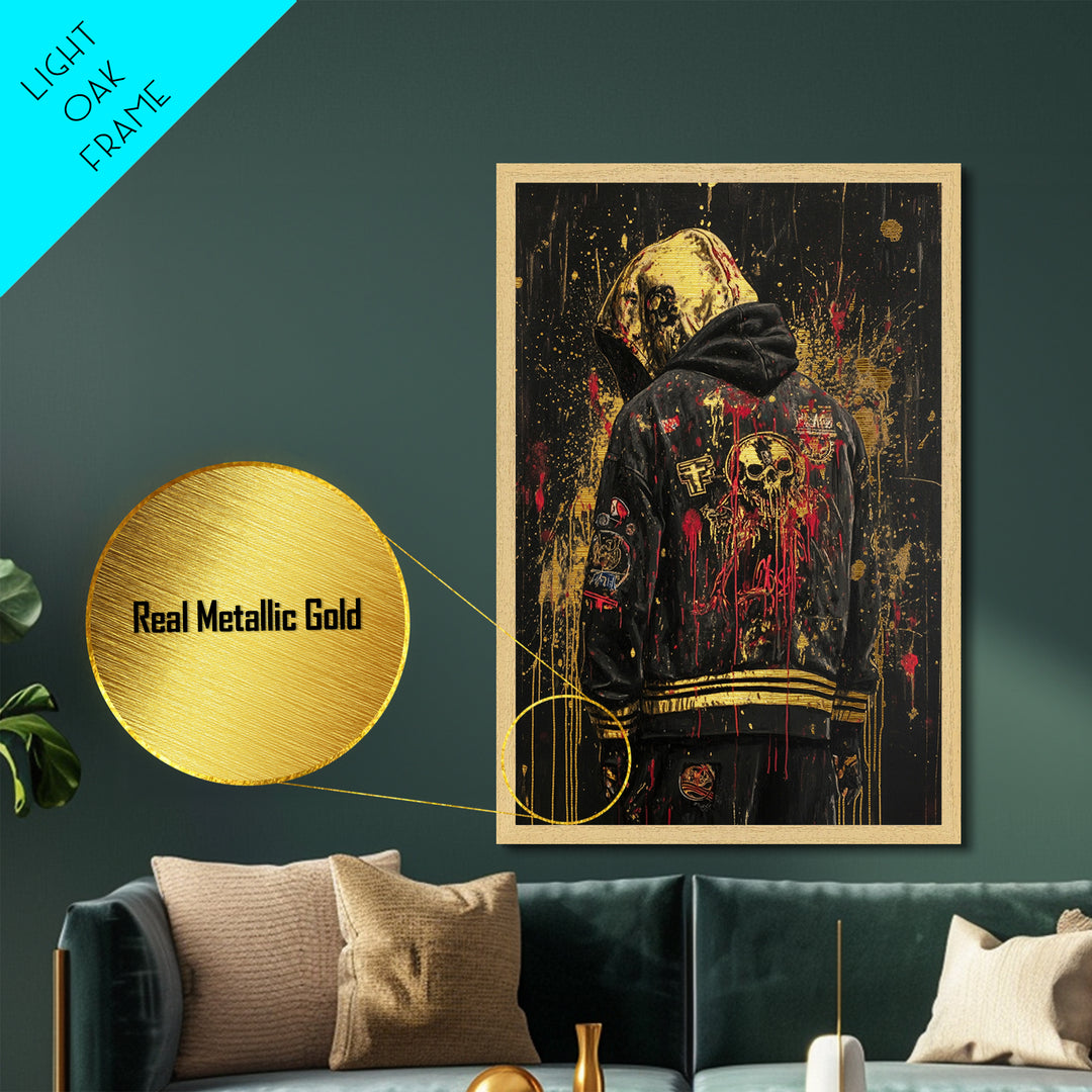 Skull Hooded Jacket Street Style Metallic Gold Art | Creepy Gothic Horror Metal Art | Halloween Wall Decor In Real Wood Frame