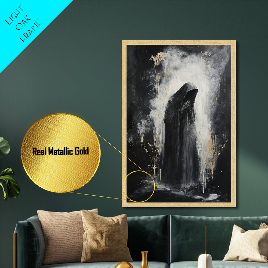 Dark Grim Reaper Metallic Gold Art | Haunted Horror Metal Art Spooky Season Wall Decor | Framed With Natural Real Wood