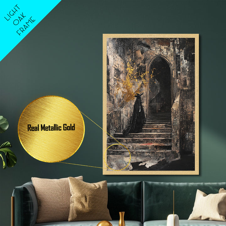 Gothic Castle Staircase Witch Metallic Gold Art | Haunted Horror Metal Art Halloween Wall Decor | Framed Real Wood Accent