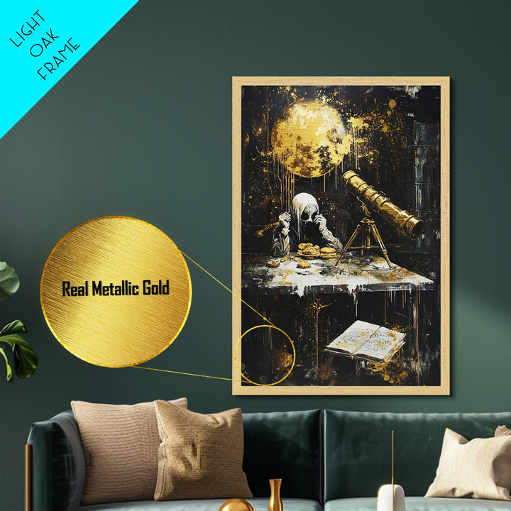 Spooky Astronomy Scene With Hooded Figure Metallic Gold Art | Creepy Metal Art Haunted Halloween Decor | Real Wood Frame Display