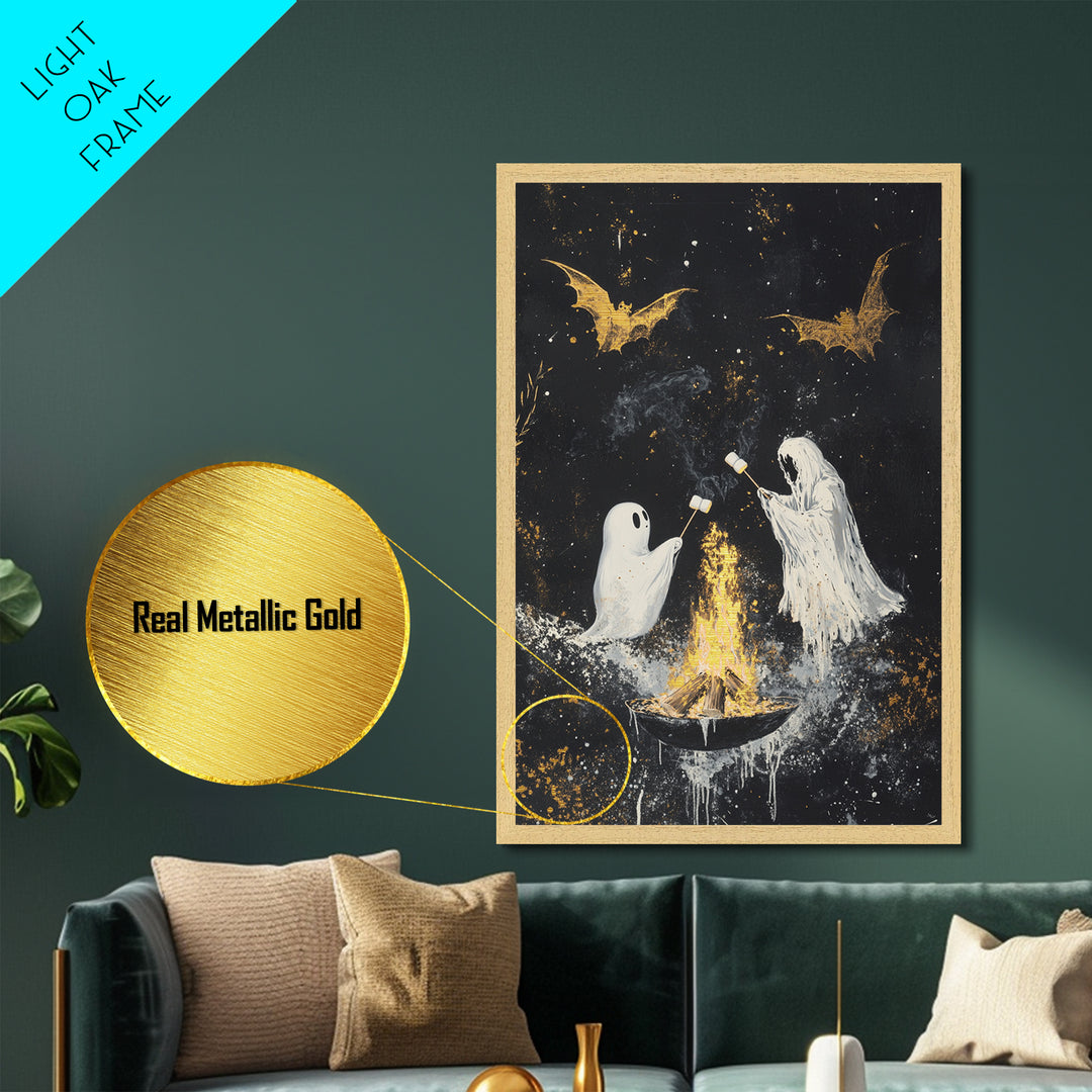 Ghosts Roasting Marshmallows Metallic Gold Art, Spooky Metal Art Halloween Wall Decor with Real Wood Frame, Haunted Firepit Scene