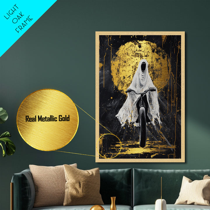 Terrifying Ghost Rider Bicycle Metallic Gold Art, Haunted Metal Art Halloween Wall Accent in Real Wood Frame for Spooky Home Decor