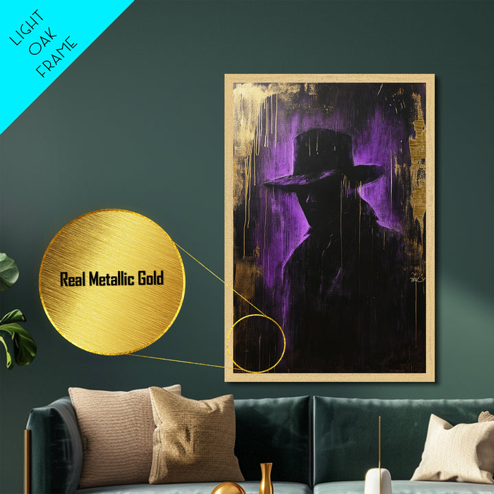 Mysterious Dark Stranger Metallic Gold Art, Gothic Metal Art Purple and Gold Halloween Shadow Silhouette Framed with Natural Wood