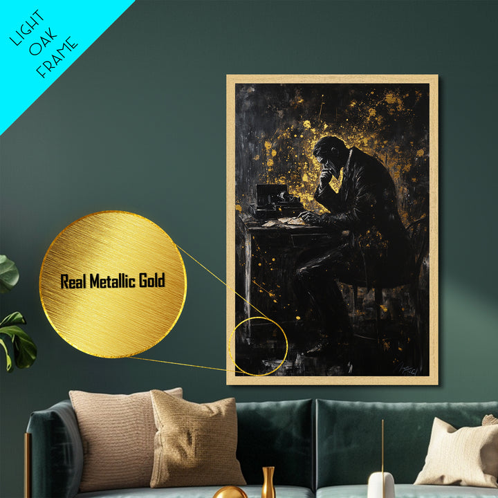 Haunted Writer at Desk Metallic Gold Art, Gothic Metal Art Creepy Office Halloween Scene with Real Wood Frame for Spooky Season