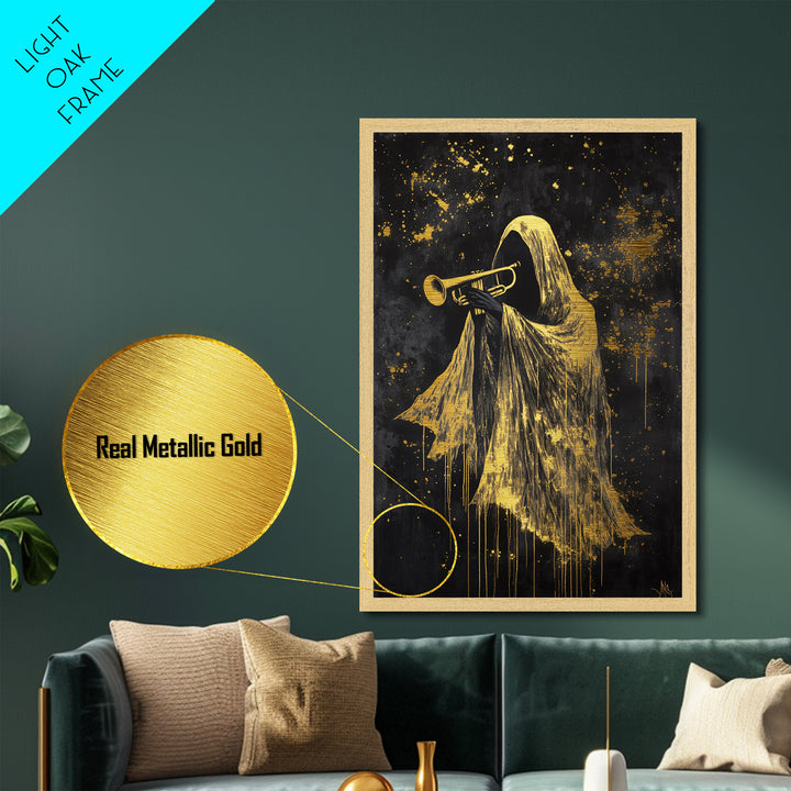 Trumpet-Playing Phantom Metallic Gold Art, Ghostly Musician Metal Art Halloween Wall Hanging in Natural Wood Frame Spooky Jazz Decor