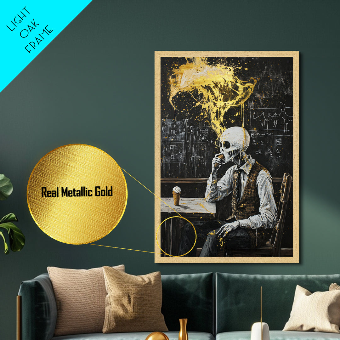 Skeleton Eating Ice Cream Metallic Gold Art, Quirky Metal Art Creepy Halloween Wall Decor Framed in Real Wood for Spooky Season