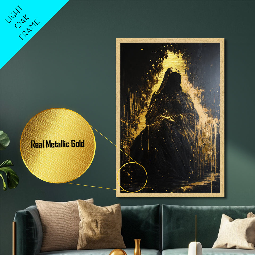 Dark Hooded Phantom Metallic Gold Art, Gothic Metal Art Haunted Shadow Figure Wall Decor in Natural Wood Frame for Halloween Atmosphere