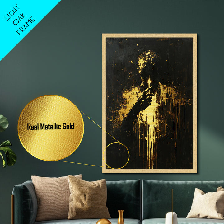 Haunted Silhouette Holding Candle – Spooky Metallic Gold Art, Gothic Horror Metal Art, Framed in Natural Real Wood
