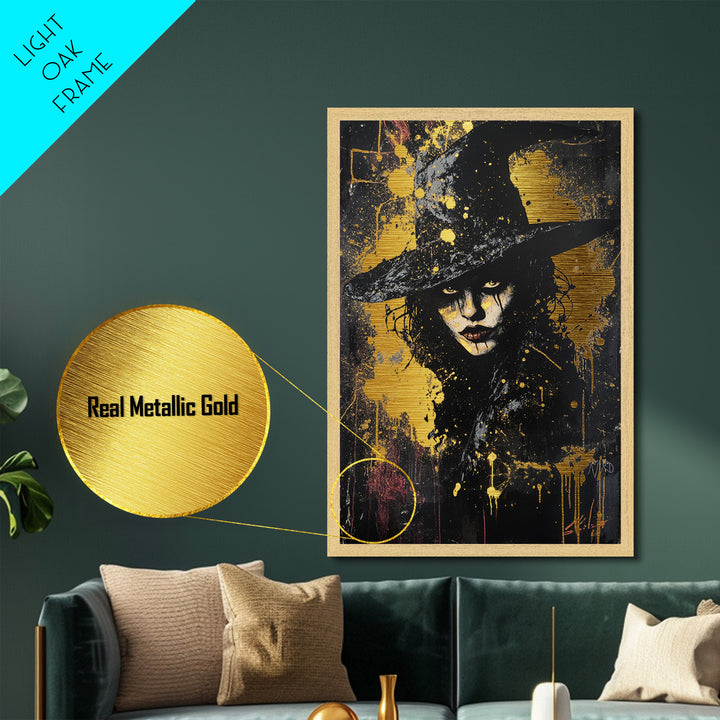 Witchy Woman Portrait with Hat – Metallic Gold Art Halloween Wall Decor, Gothic Metal Art, Dark Glam with Real Wood Frame