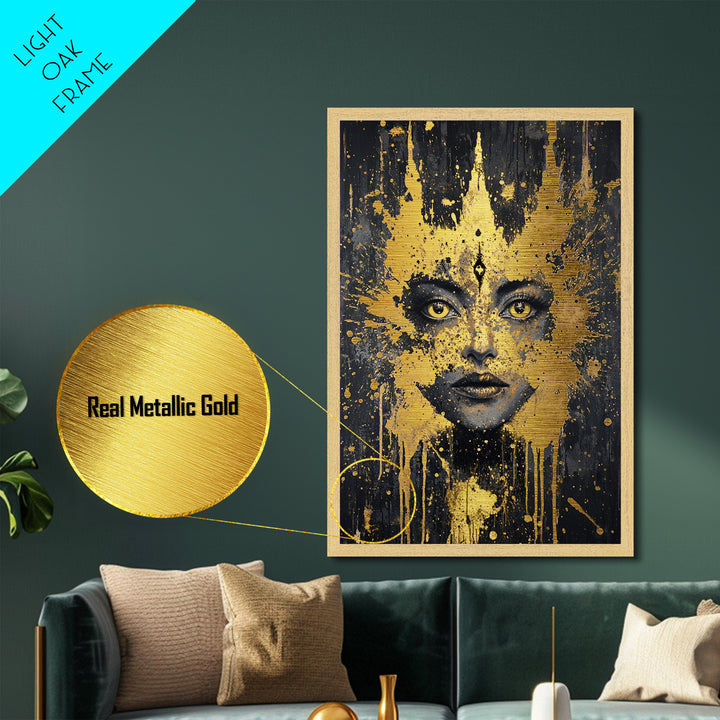 Mystic Third Eye Goddess – Metallic Gold Art, Spooky Season Witchy Metal Art, Occult Halloween Decor in Real Wood Frame