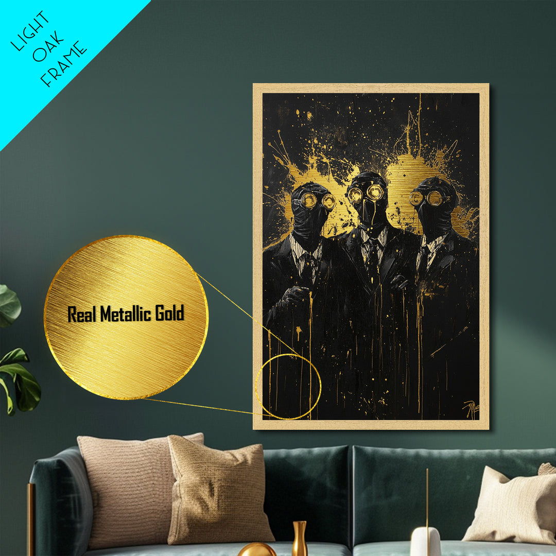 Steampunk Horror Trio – Gothic Plague Mask Characters, Metallic Gold Art, Creepy Halloween Metal Art, Natural Wood Framing