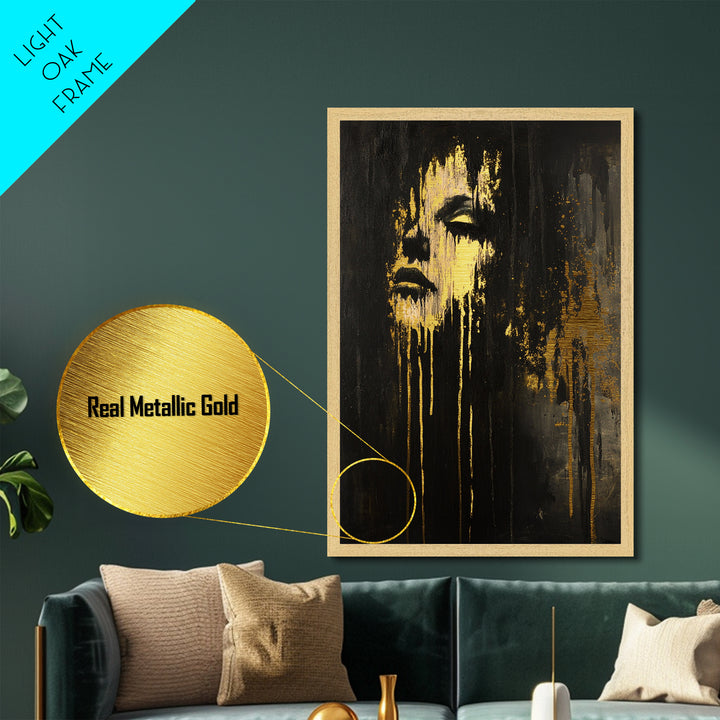 Ghostly Fading Face – Horror-Inspired Metallic Gold Art, Gothic Wall Metal Art, Spooky Season Artwork Framed with Real Wood