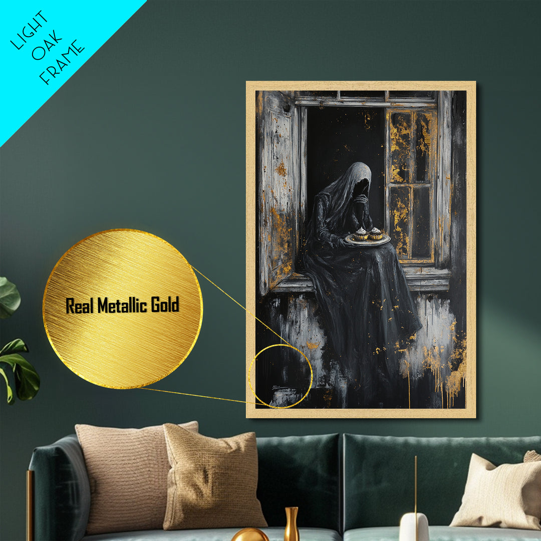 Haunting Widow in Window – Metallic Gold Art, Spooky Gothic Metal Art, Creepy Halloween Decor with Real Wood Framing