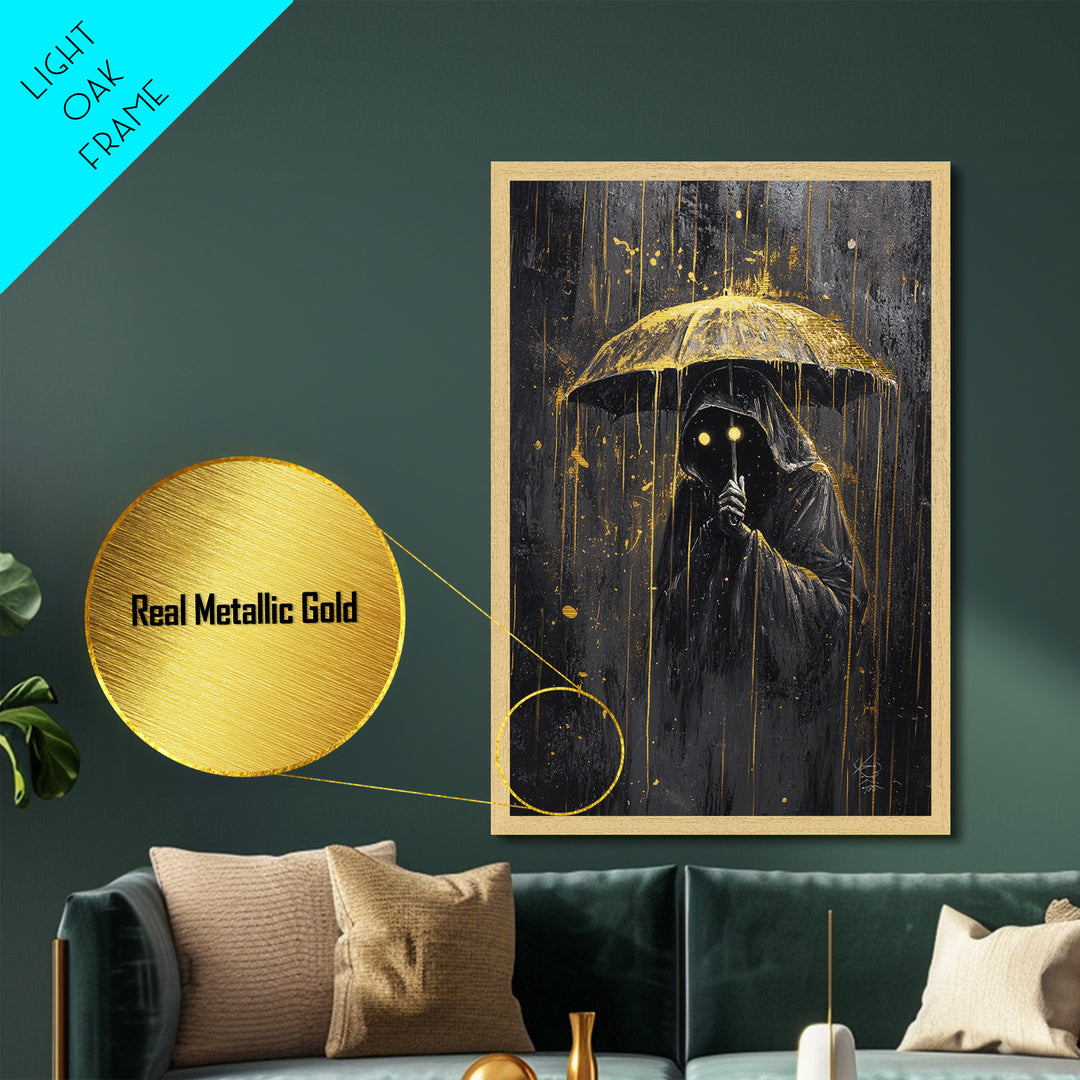 Umbrella Phantom Figure – Creepy Metallic Gold Art, Spooky Season Gothic Metal Art, Haunted Rainy Night Framed in Real Wood