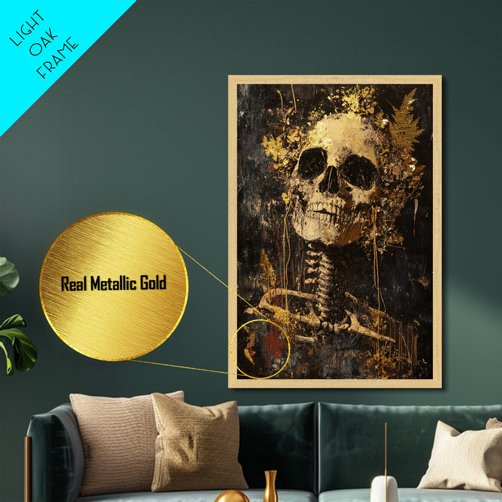 Skeleton with Floral Crown – Metallic Gold Art, Spooky Gothic Metal Art, Creepy Halloween Skeleton Decor in Natural Wood Frame