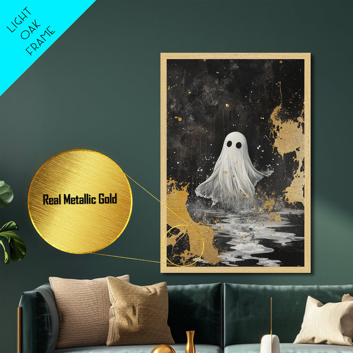 Haunted Ghost Metallic Gold Art, Spooky Season Metal Art with Natural Wood Frame, Gothic Halloween Wall Decor Accent