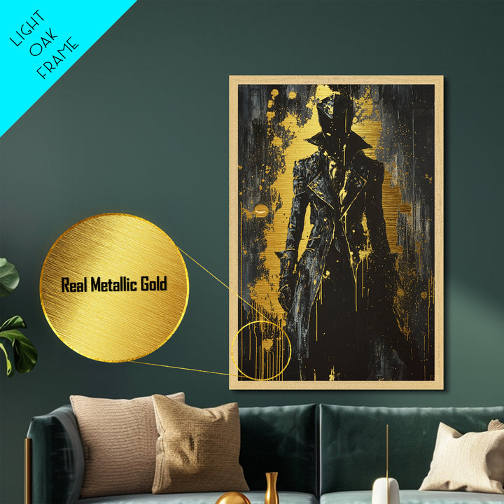 Dark Shadow Figure Metal Art, Gothic Horror Metallic Gold Art Framed in Real Wood, Creepy Haunted Halloween Wall Hanging