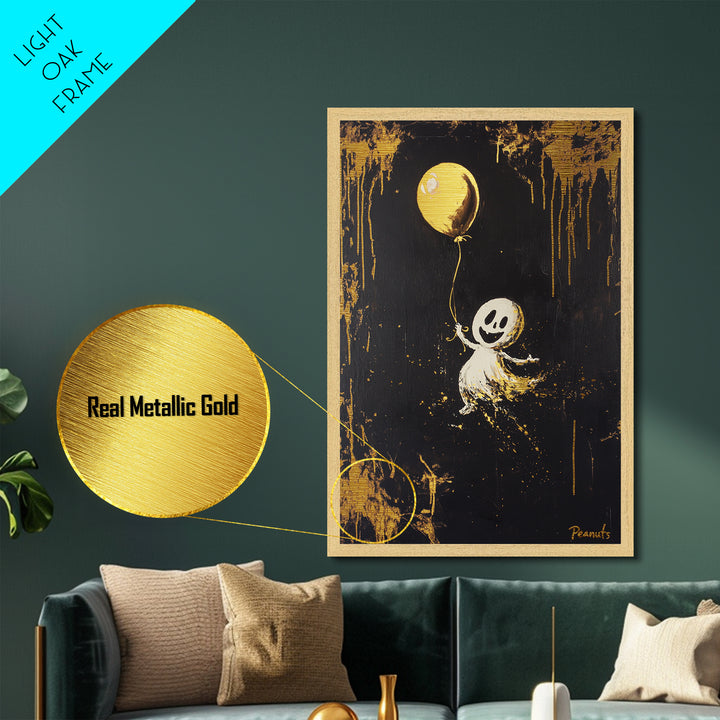 Cute Ghost Metallic Gold Art Metal Art, Spooky Halloween Wall Art with Balloon, Framed in Real Wood for Seasonal Decor