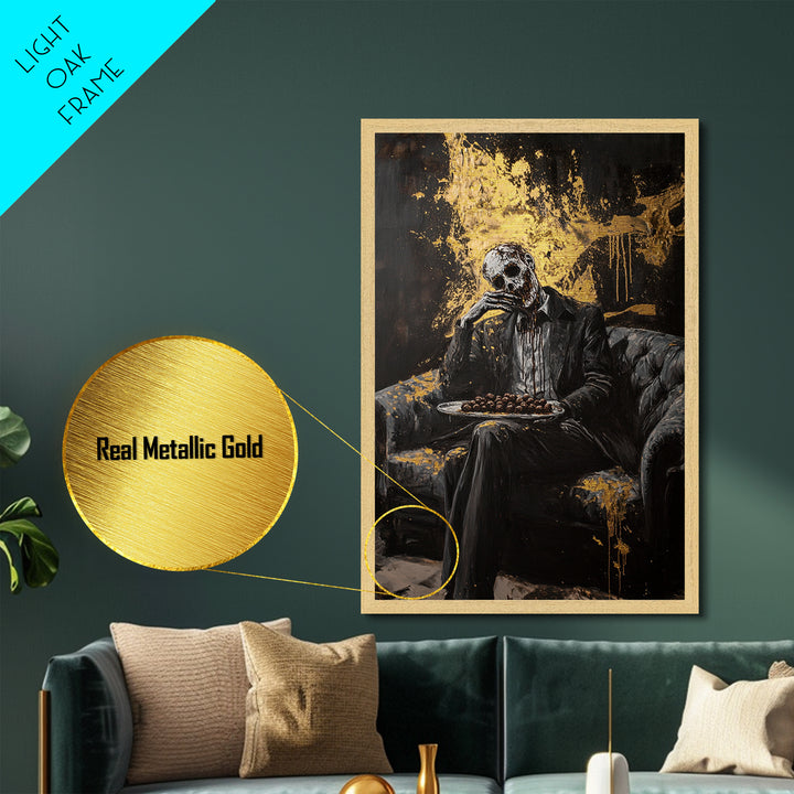 Skull Butler Metallic Gold Art, Gothic Horror Metal Art with Wooden Frame, Spooky Halloween Creepy Wall Decor Accent