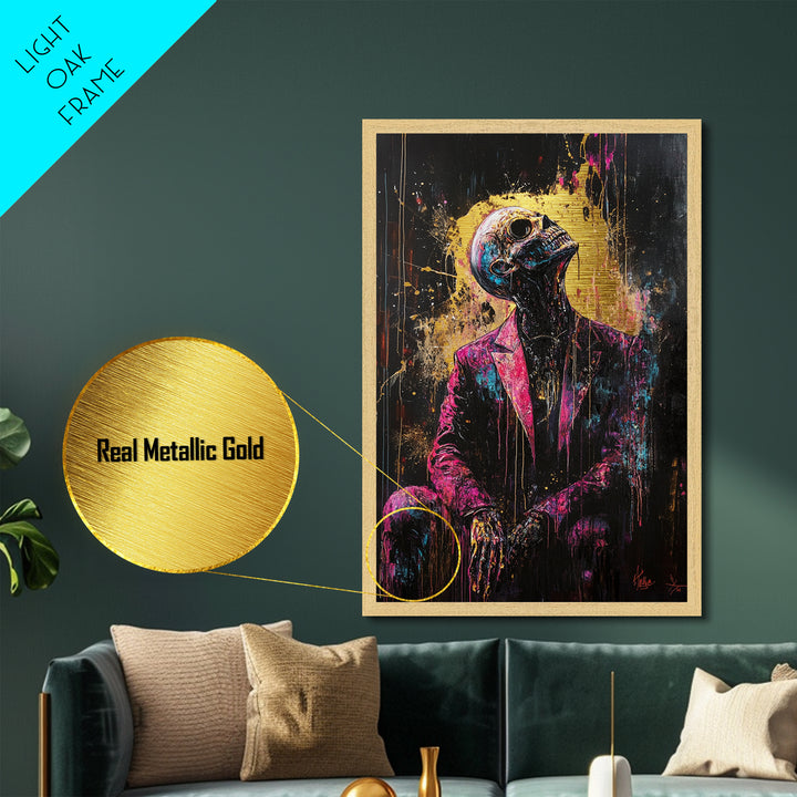 Skeleton Gentleman Gothic Metal Art, Vibrant Horror Metallic Gold Art with Real Wood Frame, Creepy Halloween Wall Decor