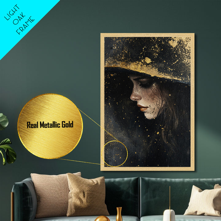 Mystical Witch Portrait Metallic Gold Art, Dark Gothic Metal Art with Framed Natural Wood, Haunted Spooky Season Wall Art
