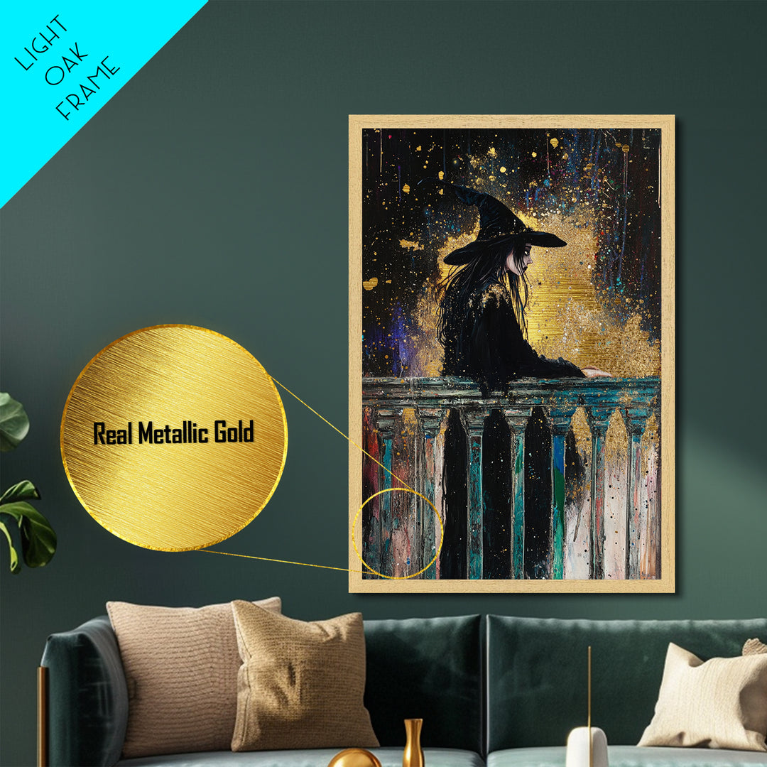 Witch on Balcony Gothic Metal Art, Spooky Metallic Gold Art with Wooden Frame, Halloween Haunted Season Wall Decor Accent