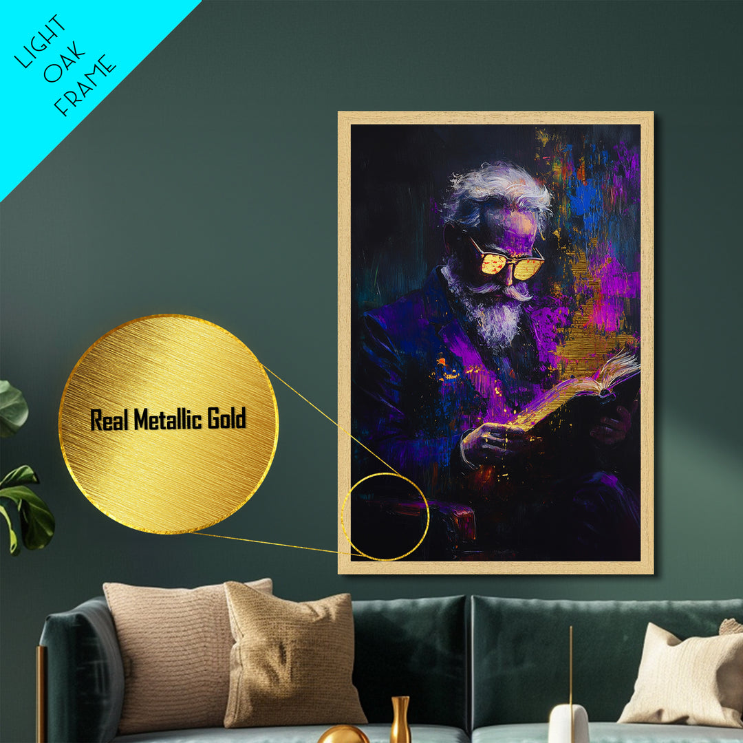 Haunted Scholar Metallic Gold Art Metal Art Gothic Halloween Painting with Real Wood Frame Spooky Reading Room Wall Decor