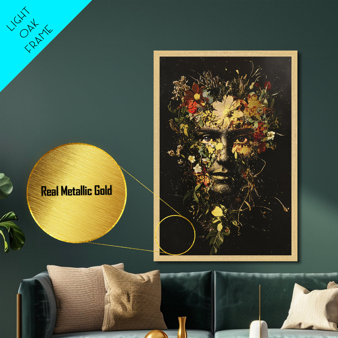 Floral Mask Metallic Gold Art Metal Art Creepy Botanical Halloween Portrait Framed in Natural Wood Spooky Season Wall Decor