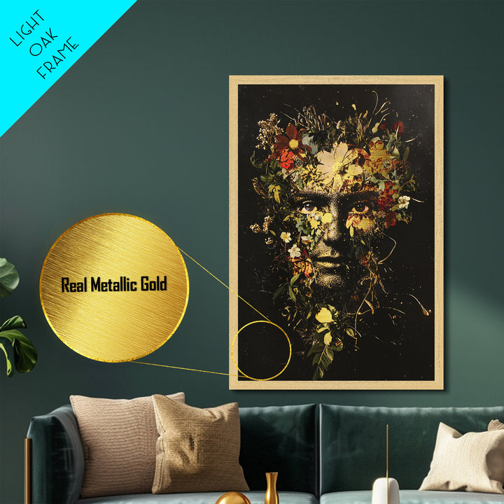 Floral Mask Metallic Gold Art Metal Art Creepy Botanical Halloween Portrait Framed in Natural Wood Spooky Season Wall Decor
