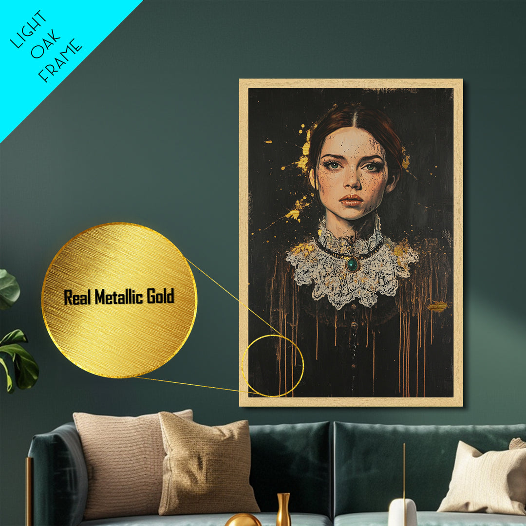 Victorian Lady Metallic Gold Art Metal Art Gothic Haunted Portrait with Lace Collar Framed in Real Wood Halloween Home Decor