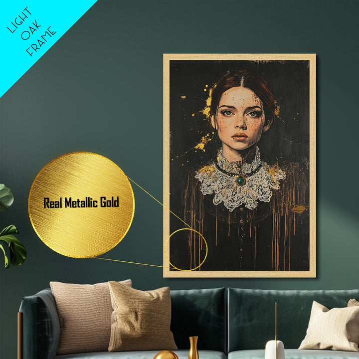 Victorian Lady Metallic Gold Art Metal Art Gothic Haunted Portrait with Lace Collar Framed in Real Wood Halloween Home Decor