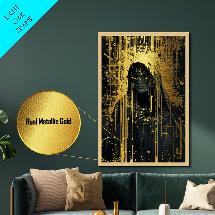 Cyber Witch Metallic Gold Art Metal Art, Futuristic Gothic Halloween Portrait, Spooky Season Wall Hanging in Wood Frame