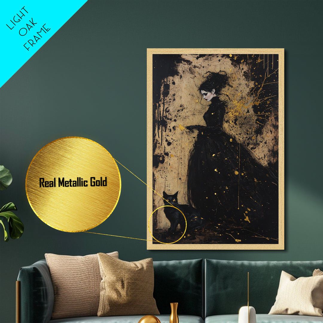 Gothic Witch Metallic Gold Art Metal Art Haunted Woman and Black Cat Framed in Natural Wood Spooky Halloween Wall Artwork