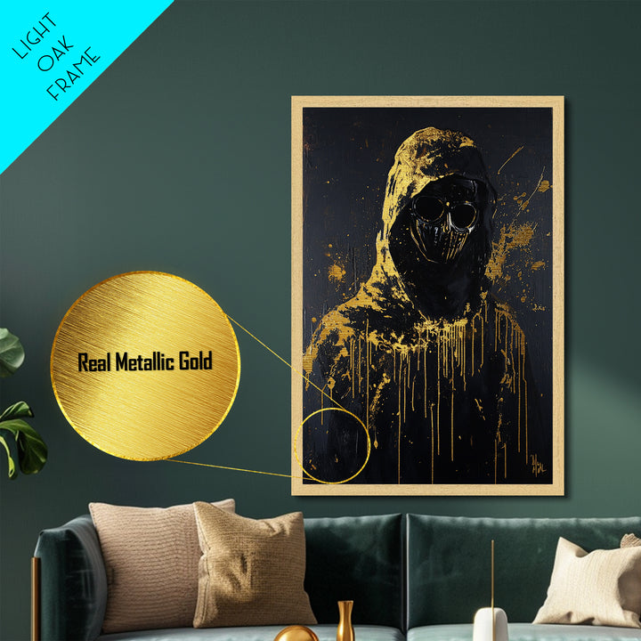Dark Hooded Figure Metallic Gold Art Metal Art Gothic Creepy Halloween Painting in Real Wood Frame Haunted Spooky Season Decor