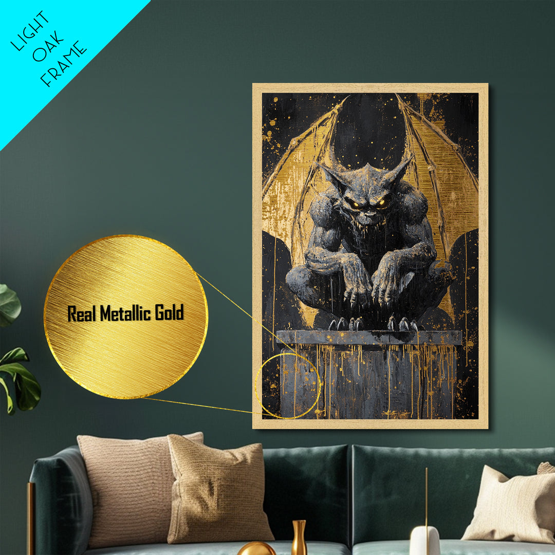 Gargoyle Metallic Gold Art Metal Art Gothic Demon Halloween Statue Painting Framed in Real Wood Spooky Haunted Wall Artwork
