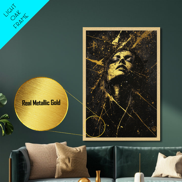 Witchy Glow Metallic Gold Art Metal Art Haunted Woman Halloween Portrait with Gold Splatter Framed in Real Wood Spooky Decor