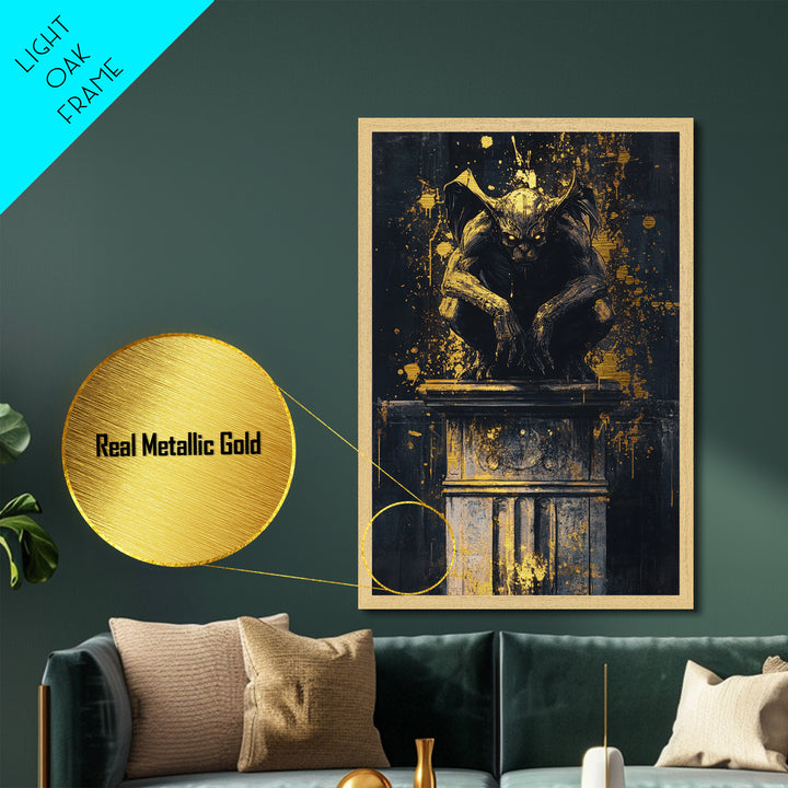 Gothic Gargoyle Metallic Gold Art Metal Art | Haunted Wall Decor with Real Wood Frame for Spooky Season and Halloween Vibes