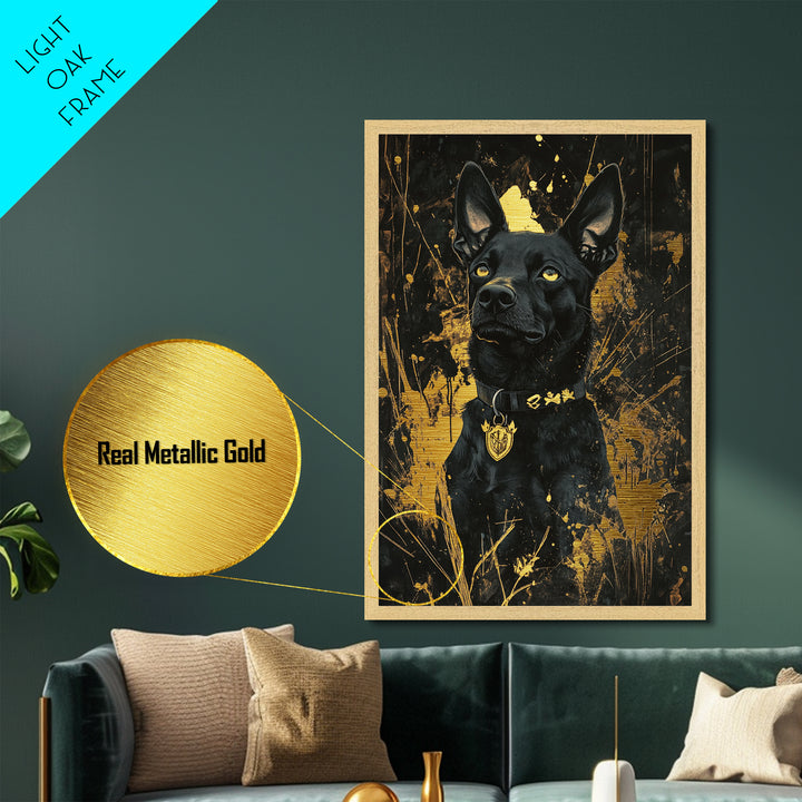 Halloween Black Dog Metallic Gold Art Metal Art | Spooky Pet Portrait Wall Decor Framed in Natural Wood Gothic Style