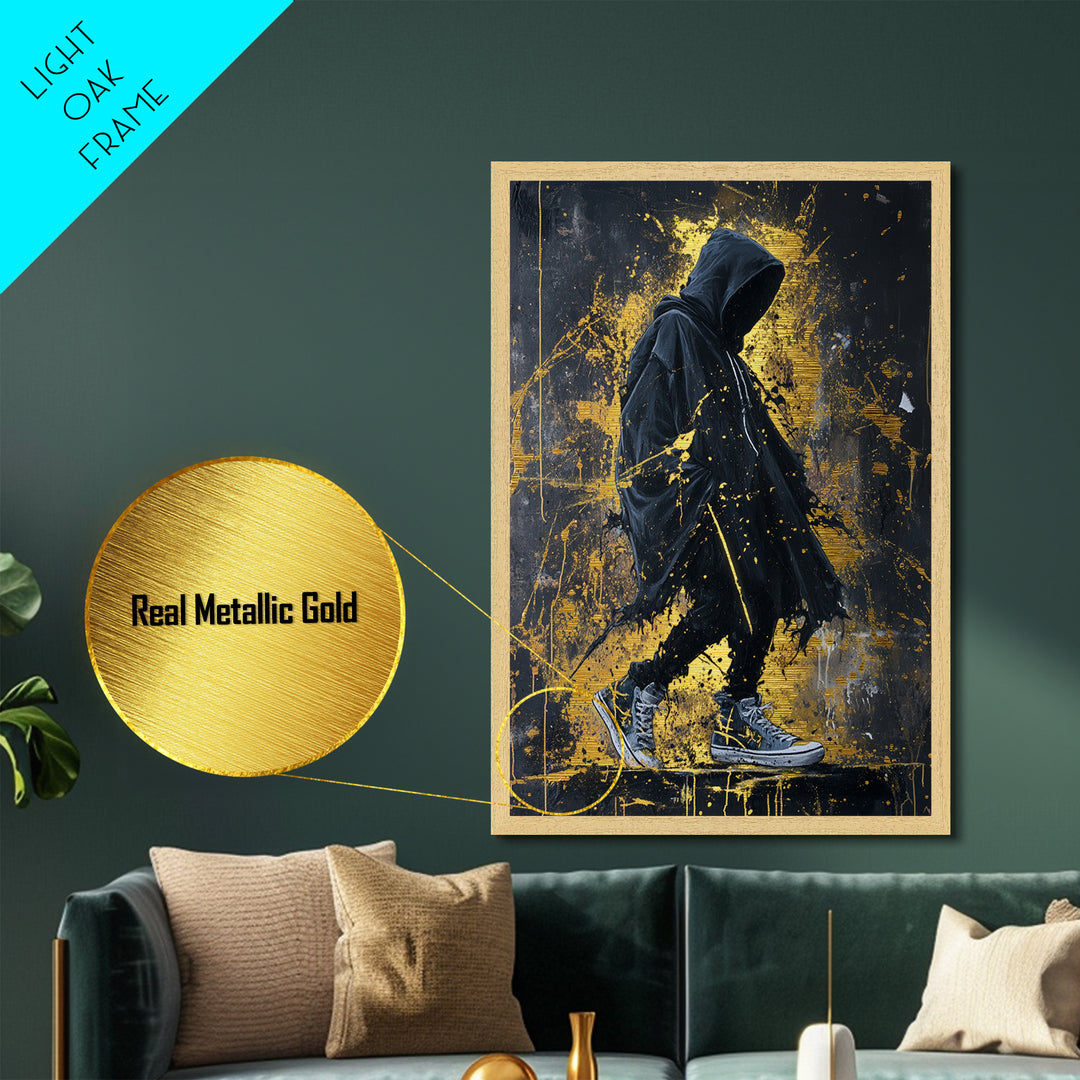 Creepy Hooded Figure Metallic Gold Art Metal Art | Spooky Season Wall Art Framed in Real Wood | Halloween Haunted Decor