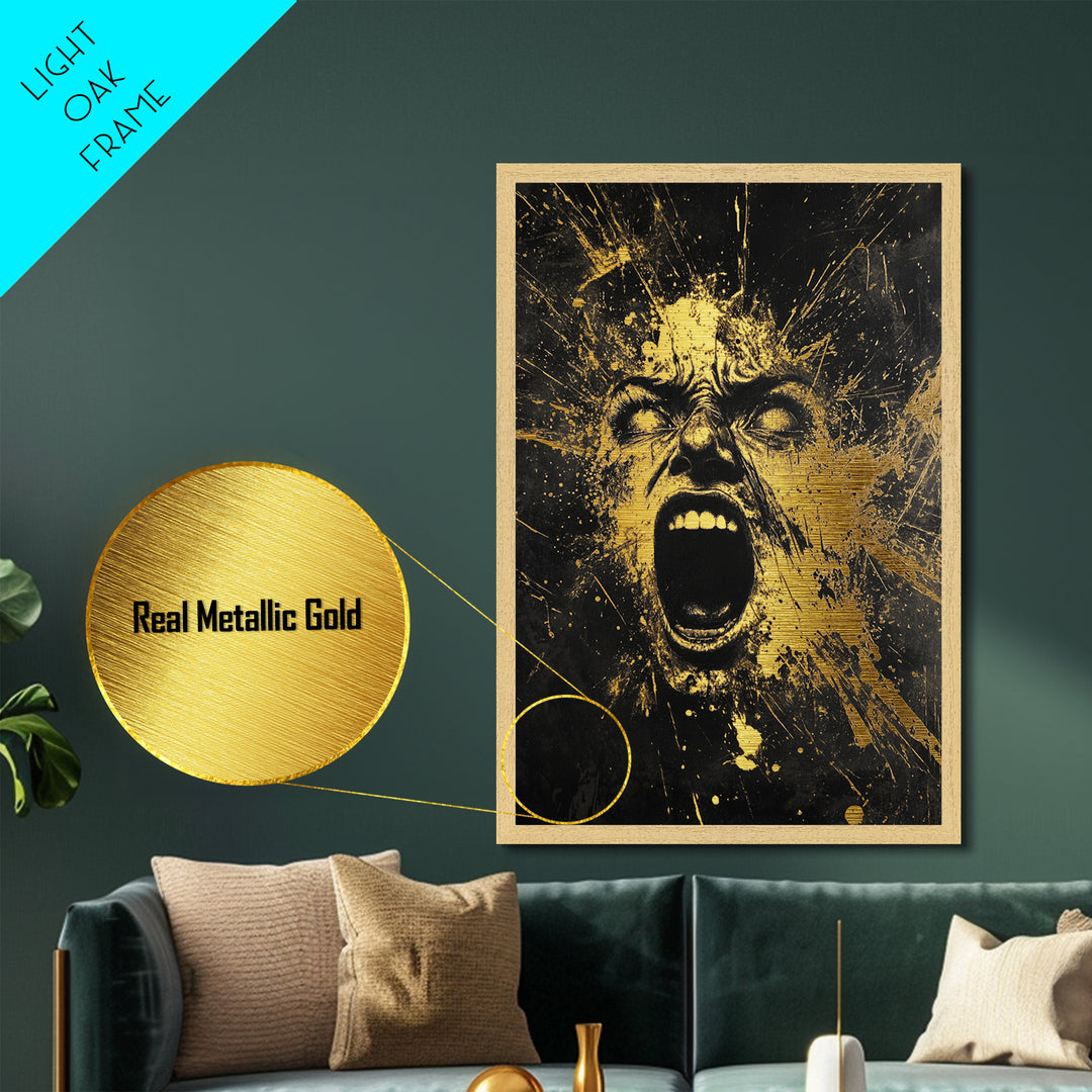 Horror Scream Face Metallic Gold Art Metal Art | Haunted Gothic Halloween Wall Art in Real Wood Frame | Spooky Home Accent