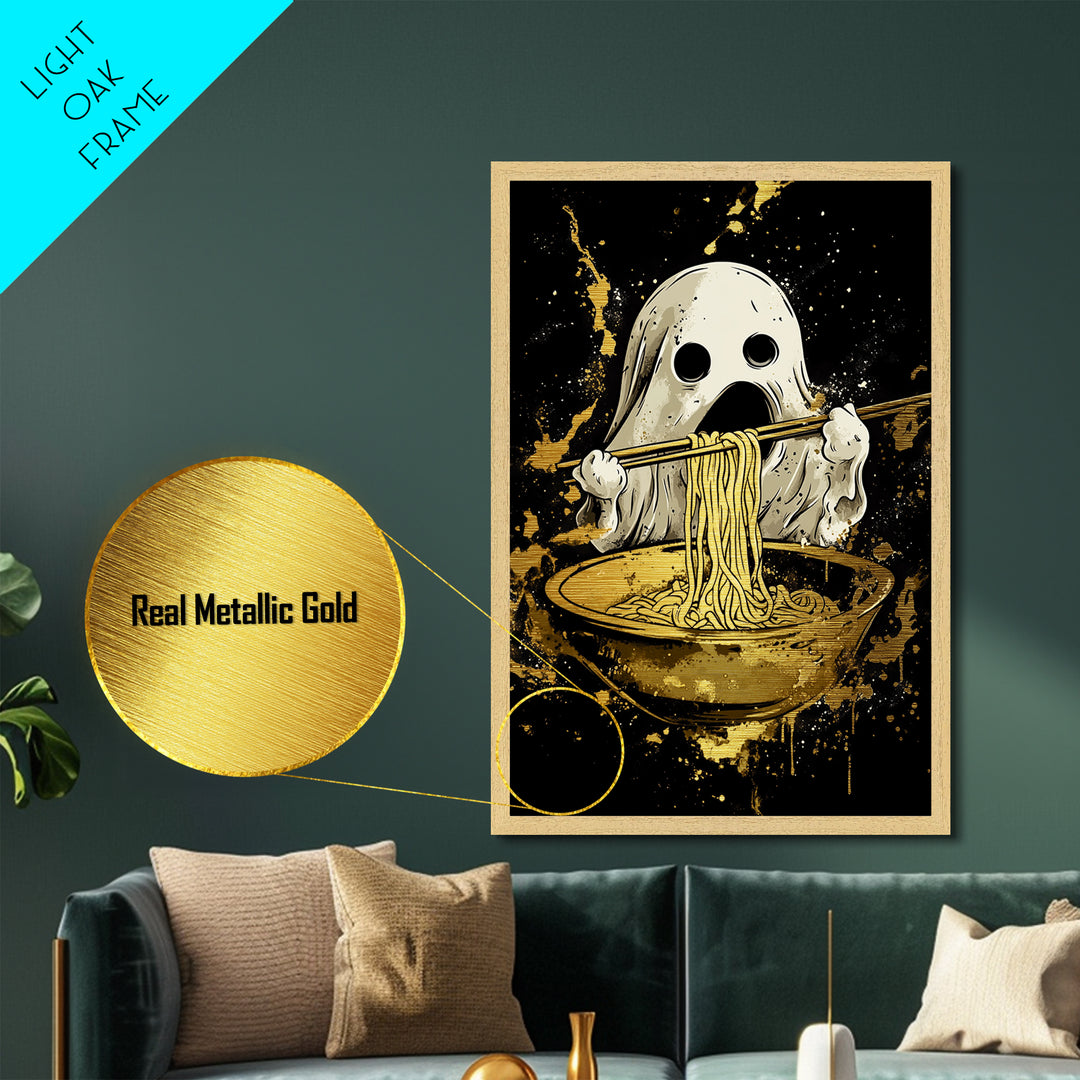 Ghost Ramen Metallic Gold Art Metal Art, Funny Spooky Halloween Wall Art, Noodle Lover Haunted Decor in Real Wood Frame
