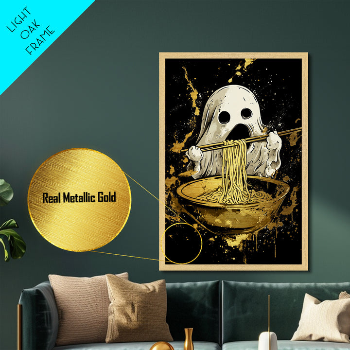 Ghost Ramen Metallic Gold Art Metal Art, Funny Spooky Halloween Wall Art, Noodle Lover Haunted Decor in Real Wood Frame