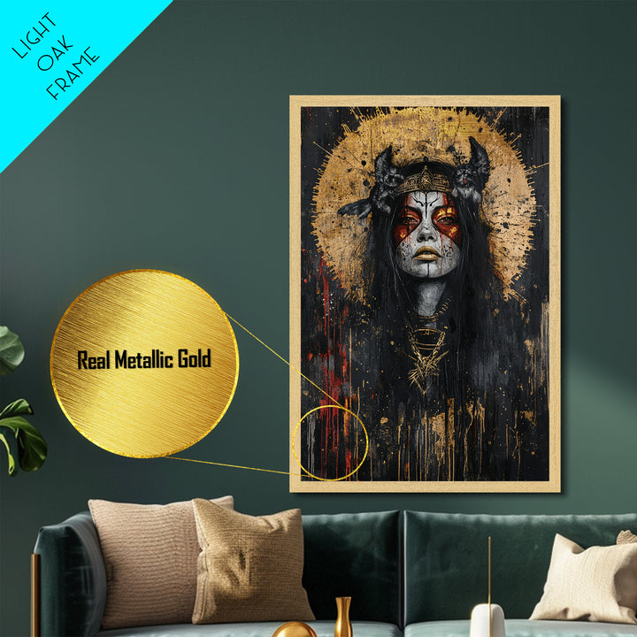 Witch Queen Portrait Metallic Gold Art Metal Art | Gothic Halloween Wall Decor with Natural Wood Frame | Spooky Witchy Design