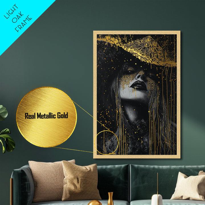 Witchy Woman Metallic Gold Art Metal Art | Spooky Halloween Wall Art with Real Wood Framing | Gothic Haunted Seasonal Decor