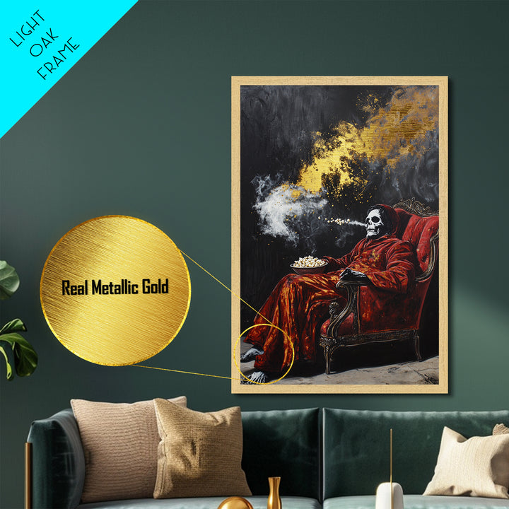Skeleton in Red Chair Metallic Gold Art Metal Art | Creepy Halloween Wall Art Framed in Natural Wood | Spooky Horror Decor