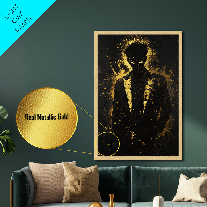 Dark Gothic Man Metallic Gold Art Metal Art | Haunted Halloween Wall Art with Real Wood Framing | Spooky Season Creepy Decor