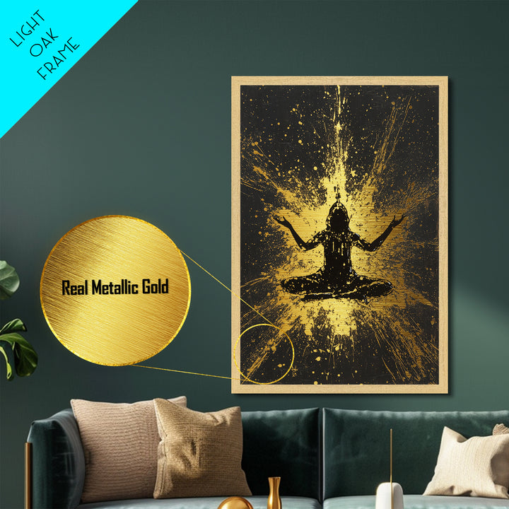 Meditating Spirit Metallic Gold Art Metal Art | Spooky Halloween Wall Decor Framed in Natural Wood | Haunted Gothic Accent