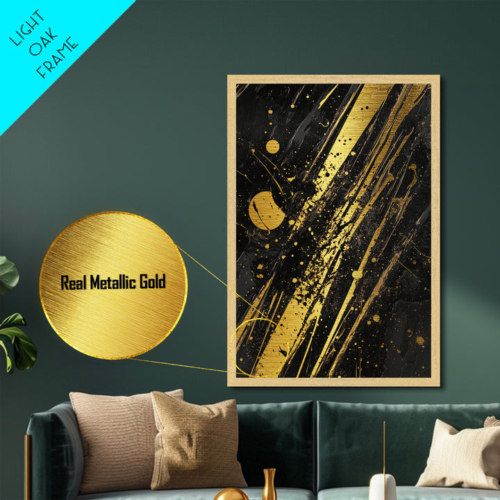 Witchy Abstract Splatter Metallic Gold Art on Black, Gothic Spooky Season Metal Art with Real Wood Frame for Halloween Decor