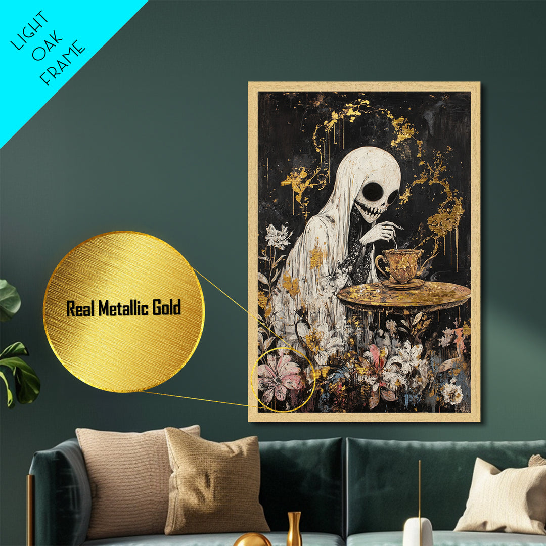 Creepy Skeleton Tea Party Metallic Gold Art, Haunted Horror Metal Art in a Real Wood Frame, Gothic Halloween Wall Hanging